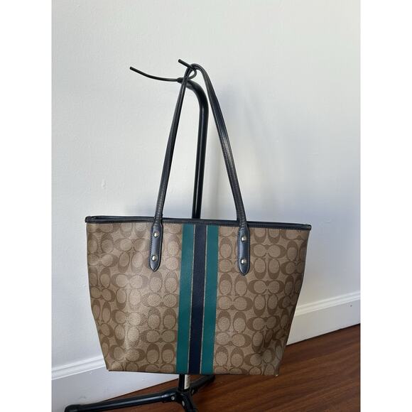 Y2K Coach Signature Monogram Stripes Shoulder Bag Tote Khaki Blue Leather Trim - Picture 2 of 13